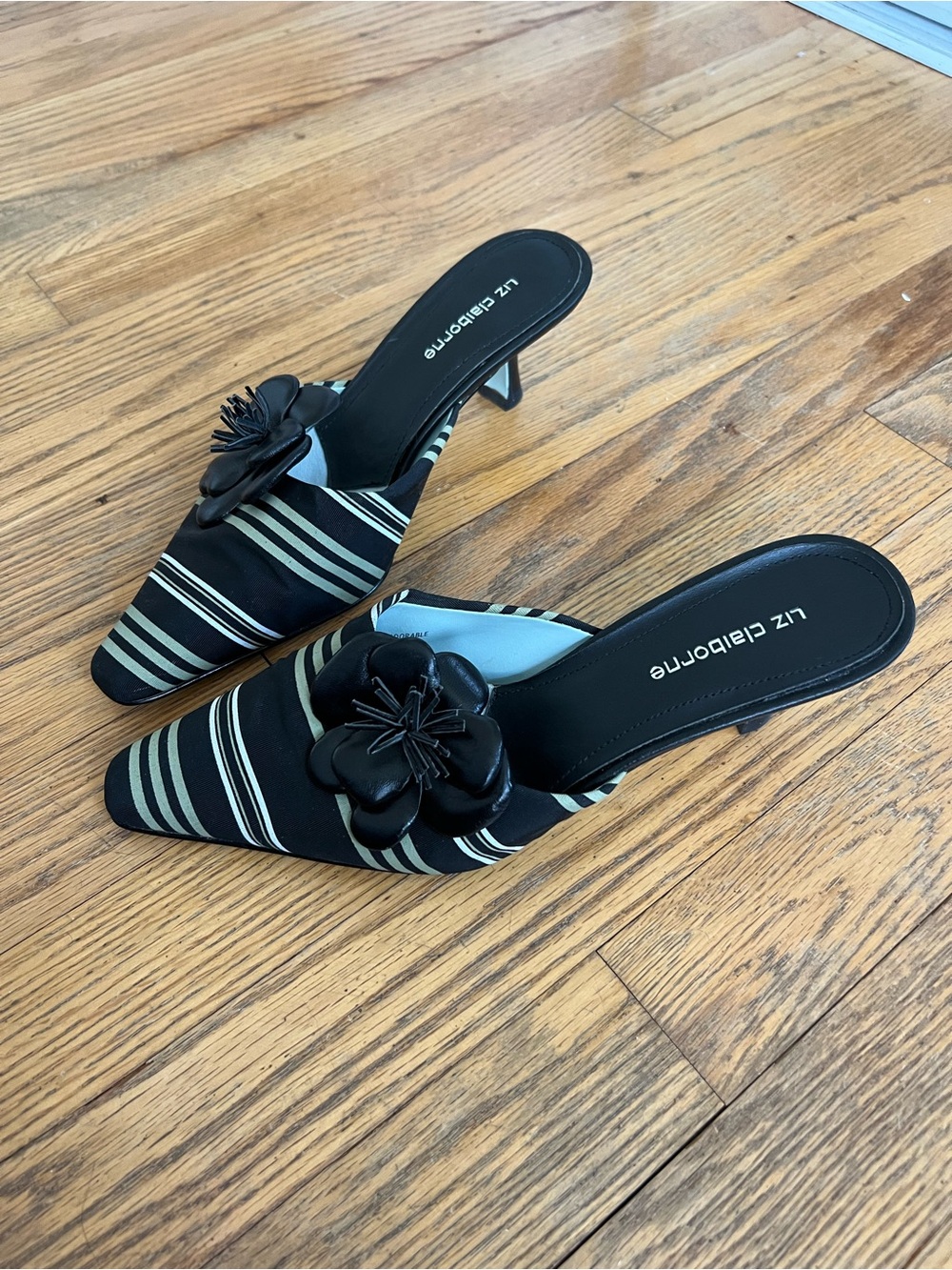 Liz Claiborne Black and Cream Striped Pointed Toe Kitten Heel Mules with Flower